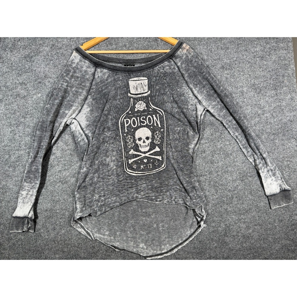 Torrid Womens 0 Gray Poison Bottle Skull Graphic Knit Long Sleeve T-Shirt